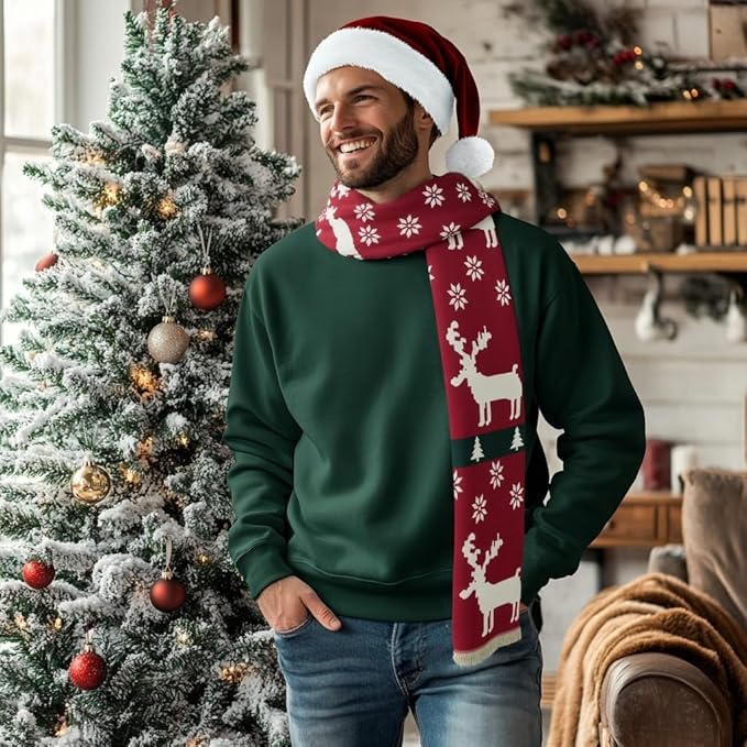 Unisex Christmas Scarves for Women Men Boys Girls Christmas Gifts Winter Scarf with Reindeer and Snowflake Shawl Wrap Xmas
