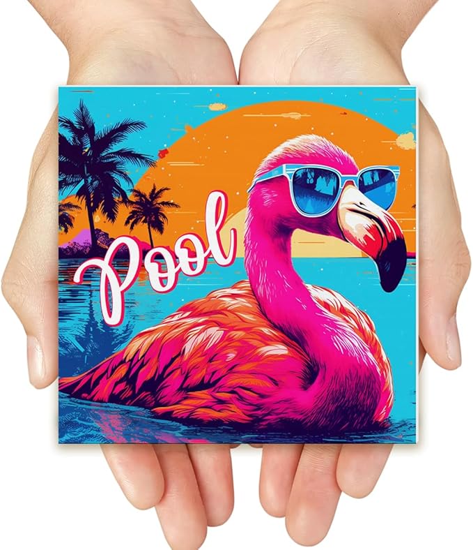 Flamingo Decor Summer Wood Block Sign Sun Decorations for Home Desk Table Shelf 5 x 5 Inches