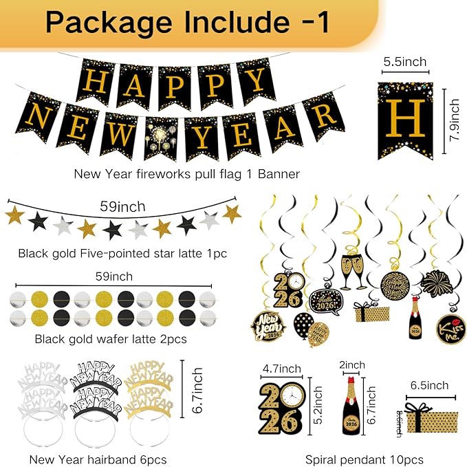 2026 New Years Decorations 75PCS New Year’s Eve Party Supplies Including Glasses, Cone Hats, Headband Tiaras, Banner, Horns, Necklaces for Party Decor Favor