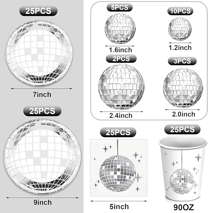 121 Pcs 70s 80s Disco Ball Christmas Party Decorations Disposable Paper Plates Napkins Cups Bachelorette Silver Balls Tableware Set for Wedding Cocktail Birthday Dancing Queen Party(Silver)