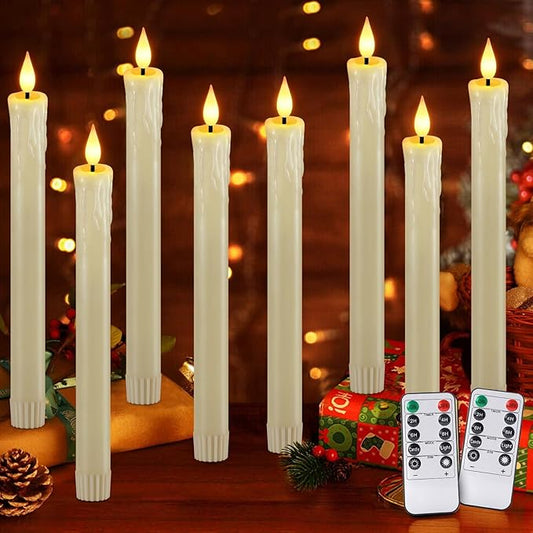 OCATO Flameless Candles with Remote Timer: 8 Pcs Battery Operated Window Candles 9.6" Real Wax LED Flickering Flameless Taper Candles 3D Wick Lights Halloween Christmas Wedding Party Decorations Ivory