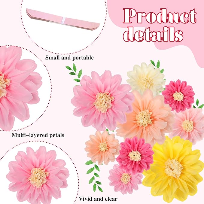Geyee 18 Pcs Mexican Paper Flowers Colorful Fiesta Tissue Paper Flowers Pom Poms Mexican Carnival for Floral Party Backdrop Wedding Birthday Party Craft, 6" 8" 10" (Vivid Color)