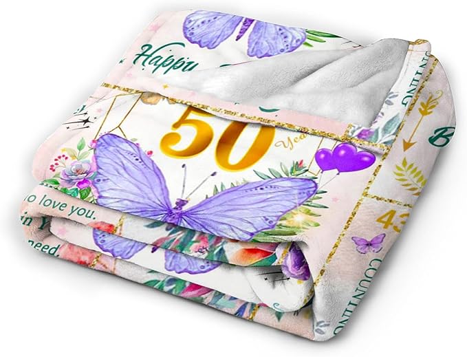 50th Birthday Gifts for Her Women, 50 Year Old Gifts for Women, Soft Purple Butterfly Flower Blanket for Anniversary Christmas, 50th Birthday Decorations for Woman, Warm Plush Fuzzy Blanket 80"X60"