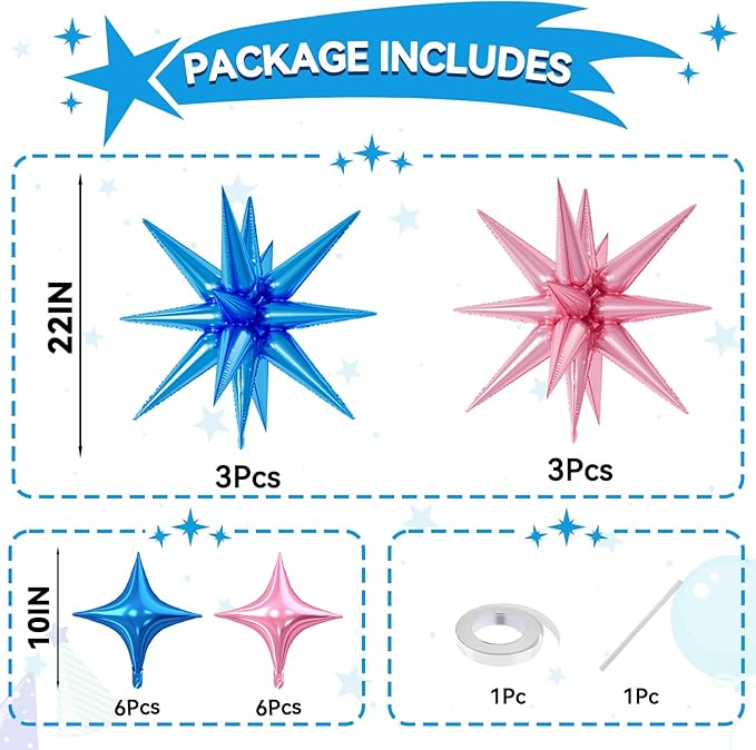 18 Pcs Pink Blue Star Balloons, Blue and Pink Balloon with 6 Pcs 22-Inch Explosion Star Balloons 12Pcs 10-Inch Four Pointed Stars Foil Balloon for Wedding Baby Shower Birthday Party Decoration