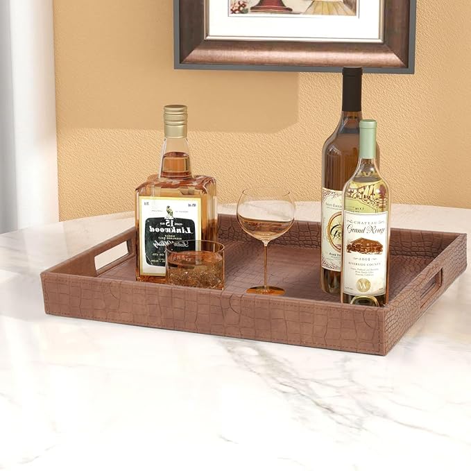 HofferRuffer Rectangle Serving Tray with Hole Handles for Coffee Table, Breakfast, Tea, Food, Butler - Countertop, Kitchen, Vanity Serve Tray, 16.2 x 12.2 x 2 inches, Faux Leather (Antique Brown)