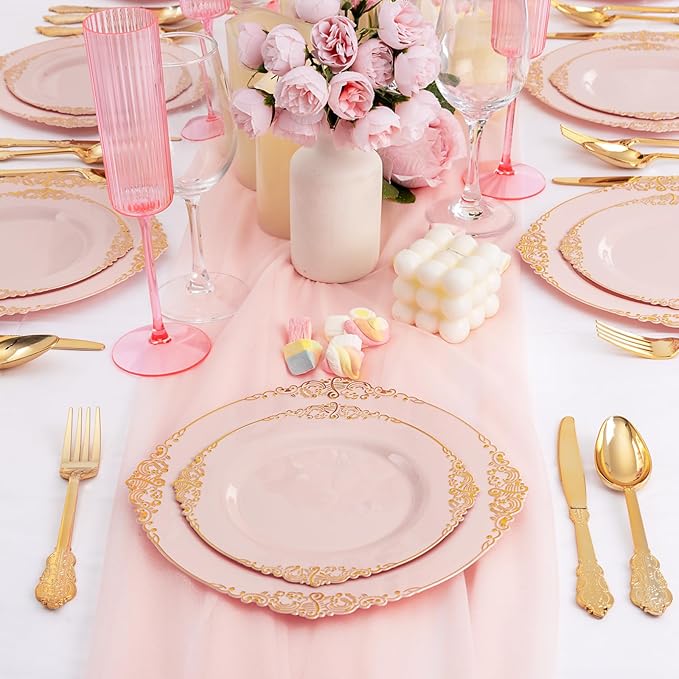125PCS Pink and Gold Plastic Plates - Pink Disposable Plates - Vintage Plate with Gold Plastic Silverware Set for 25 Guests for Weddings Parties
