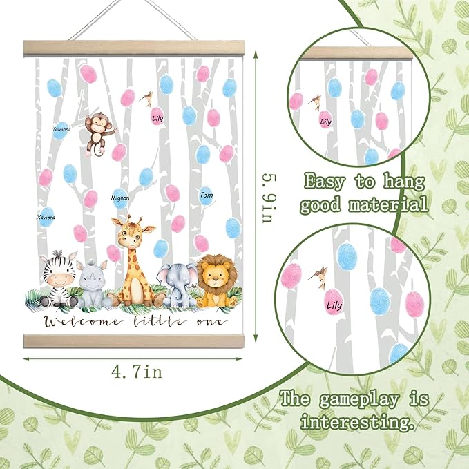 QZCYU Gender Reveal Decorations Fingerprint Tree with Woodland Safari Animals, Gender Reveal Games Canvas Hanging Paintings Decor, Baby Shower Ideas