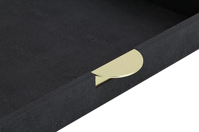 HofferRuffer Faux Leather Decorative Serving Tray, Elegant Coffee Table Ottoman Tray, Breakfast, Drinks, Liquor Serving Platter, Black Shagreen Finish with Gold Hardware Handle (Square)