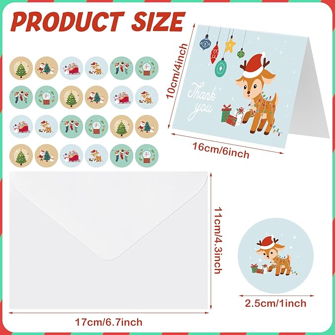 24Set Christmas Thank You Card with Envelopes and Stickers Xmas Greeting Cards Gift Box Santa Christmas Tree Thank You Christmas Cards with Envelope Holiday Thank You Card for Xmas Holiday (Snowman)