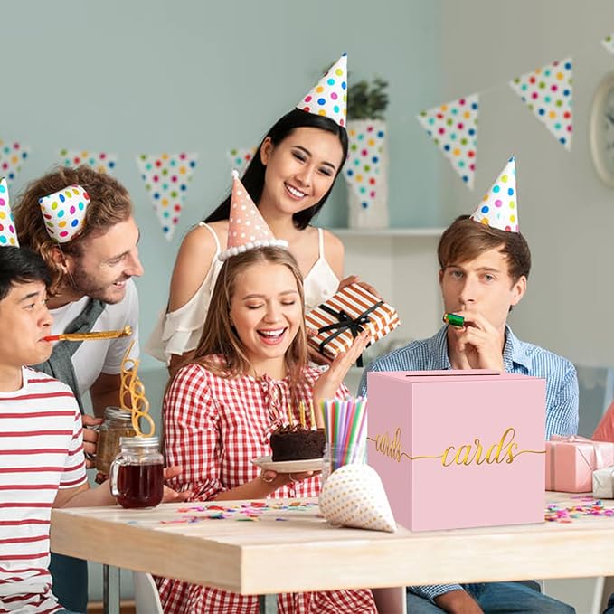 1 Pack Light Pink and Gold Foil Card Box for Party, 8.7" Pink Money Box for Birthday, Wedding, Baby Shower, Retirement, Anniversary, Bridal Shower, Raffle Ticket