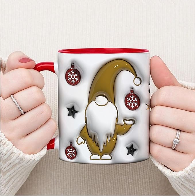 Less People More Gnomes Funny Christmas Inflated 3D Wrap Mugs, Two-Tone Accent Ceramic Coffee Drinking Cups, 11oz 15oz