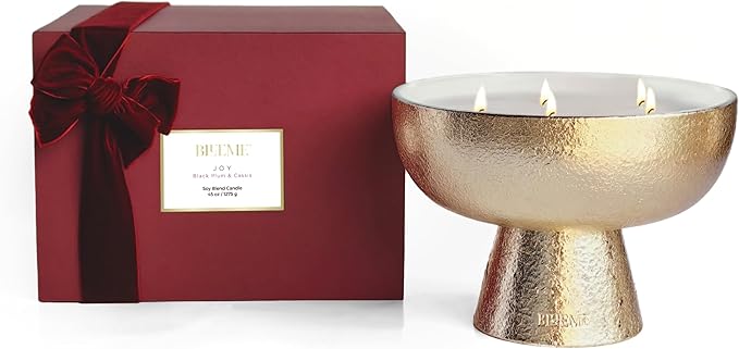 2025 Gold Holiday Candle | Joy - Black Plum & Cassis (Giant), Refillable Wellness, Essential Oil, Sustainable, Hand Finished, Hand Poured, Premium, Luxury Ceramic, Natural Cotton Wick, Soy-Wax Blend