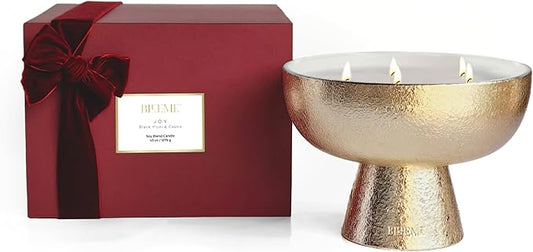 2025 Gold Holiday Candle | Joy - Black Plum & Cassis (Giant), Refillable Wellness, Essential Oil, Sustainable, Hand Finished, Hand Poured, Premium, Luxury Ceramic, Natural Cotton Wick, Soy-Wax Blend