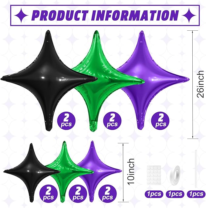 Black Green Purple Star Balloons,12Pcs Four Angle Star Foil Balloons,26Inch and 10Inch Black Green Quadrangle Helium Balloon for Halloween Birthday Baby Shower Anniversary Party Decorations