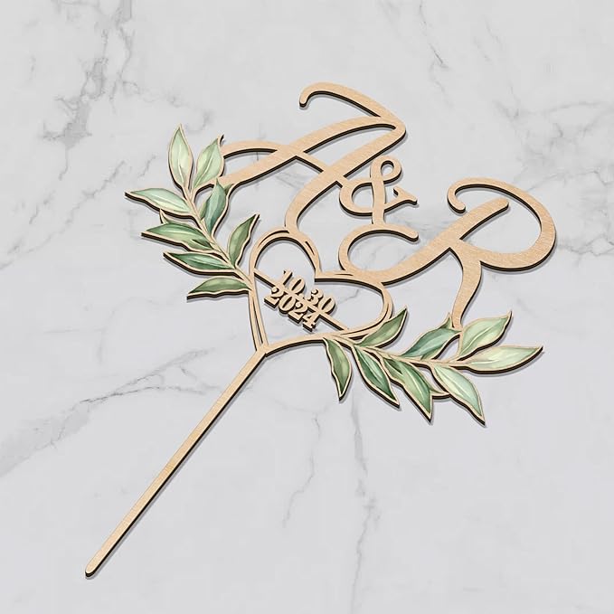 Custom Initials and Date Wedding Cake Topper in Wood Personalized Cake Topper Heart and Green Leaves Design