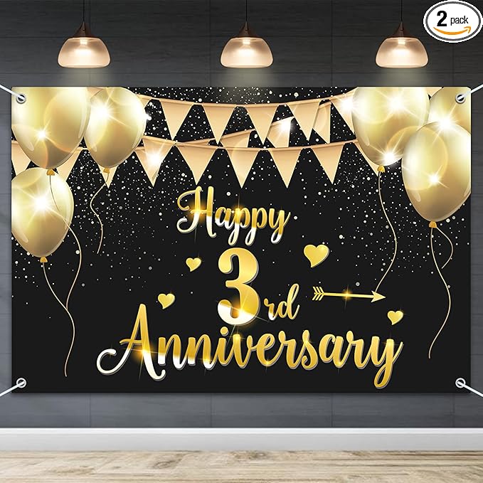HAMIGAR 6x4ft Happy 3rd Anniversary Banner Backdrop - 3 Wedding Anniversary Decorations Party Supplies - Black Gold