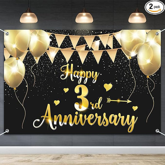 HAMIGAR 6x4ft Happy 3rd Anniversary Banner Backdrop - 3 Wedding Anniversary Decorations Party Supplies - Black Gold