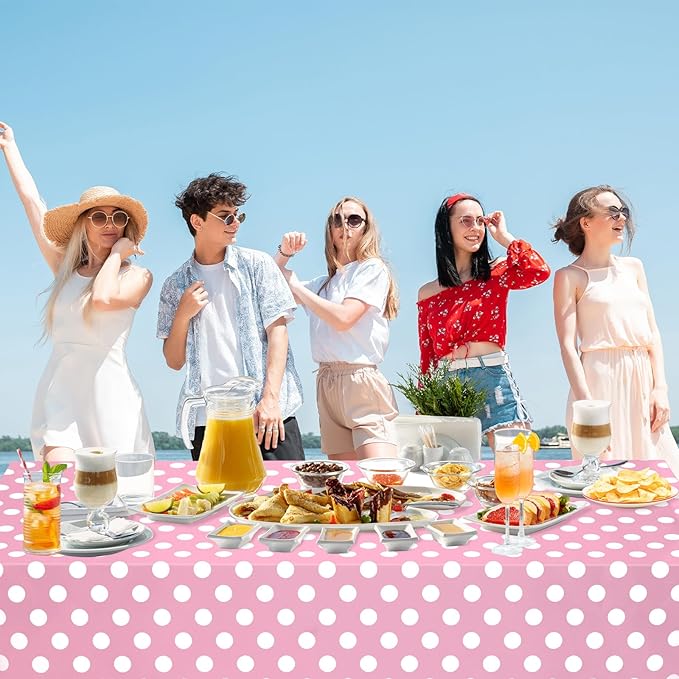 WNINK 2 Pack Light Pink and White Polka Dot Tablecloths, Pink Disposable Plastic Table Cover for Birthday, Wedding, Bachelor, Pink Girl Party, and Picnic Camping Parties 54" x 108"
