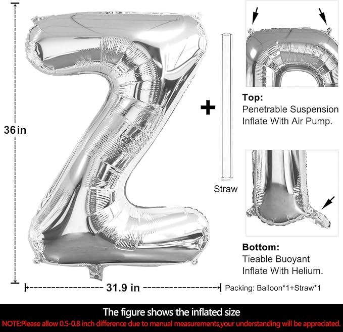 Lovoir 40 Inch Large Silver Letter Z Balloons Big Size Jumbo Mylar Foil Helium Balloon for Birthday Party Celebration Decorations Alphabet Silver Z