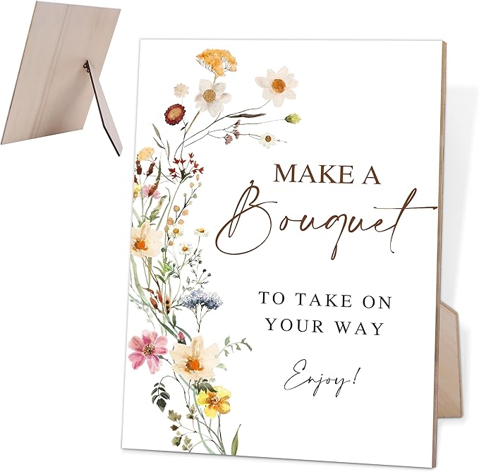 Flower Make A Bouquet Sign, Wedding Decorations for Reception, Bridal Shower Party Decorations, Table Centerpieces for Party, Flower Bar Supplies, 6X8 Inch Wooden Bridal Shower Signs with Stand, 2