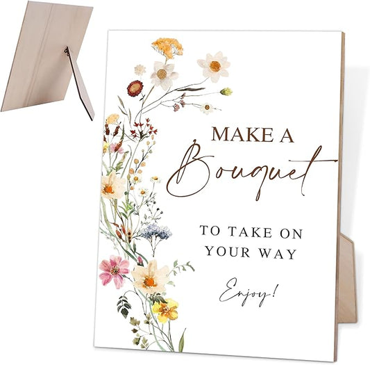 Flower Make A Bouquet Sign, Wedding Decorations for Reception, Bridal Shower Party Decorations, Table Centerpieces for Party, Flower Bar Supplies, 6X8 Inch Wooden Bridal Shower Signs with Stand, 2