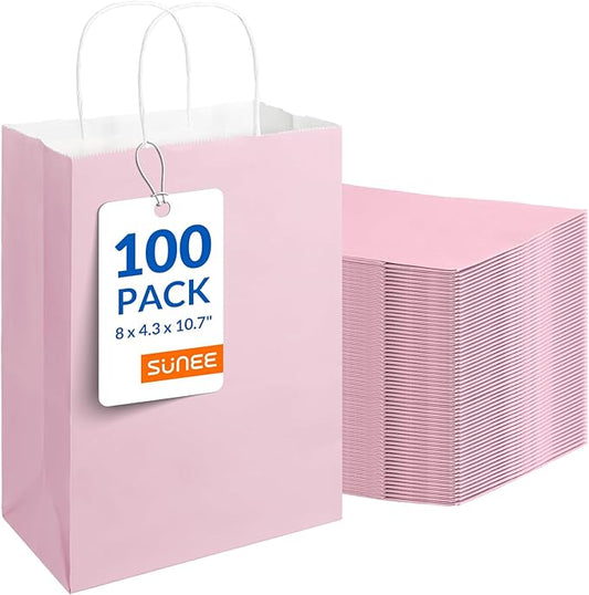SUNEE Gift Bags with Handles 8x4.3x10.7, 100 Pcs Paper Bags Medium Size Bulk for Gift Wrapping, Retail, Party Favors and Small Business - Pink