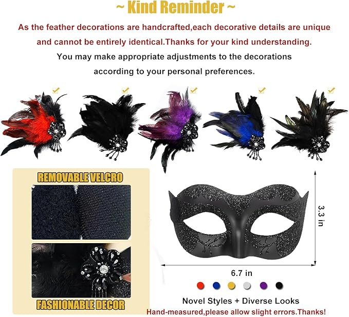 Masquerade Mask for Women Shiny Venetian Mask for Halloween Mardi Gras Costume Party Ball with Feather flower dec.