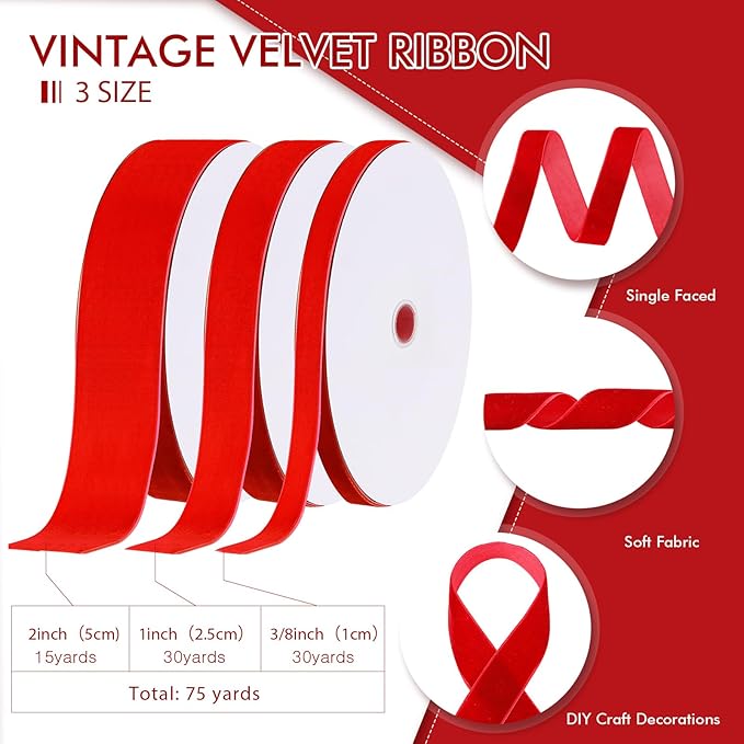 Yilloog 3/8'' 1'' 2'' 90 Yards Christmas Velvet Ribbon Vintage Satin Fabric Velvet Ribbon Roll for Christmas Tree Ornaments Decoration Gift Wrapping Bow DIY Crafts (Red)