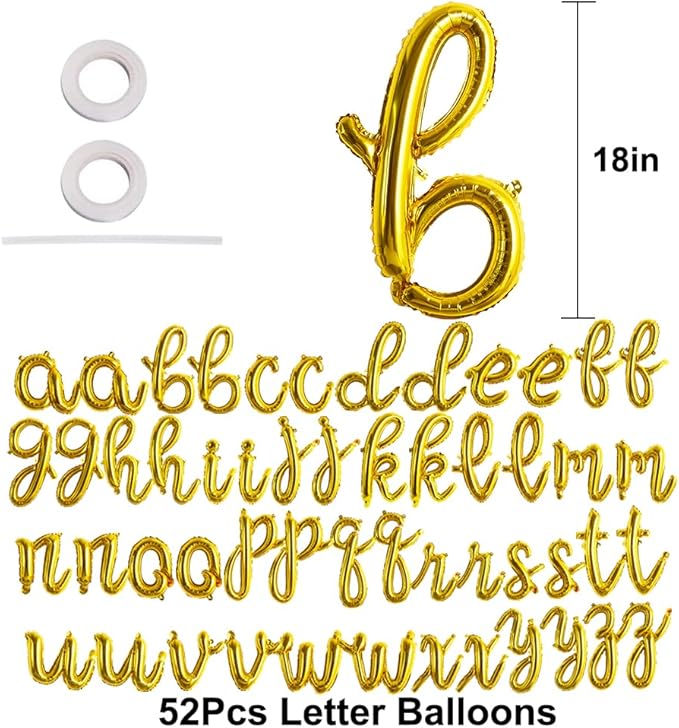 TONIFUL 52 Pcs 16 Inch Gold Cursive Letter A-Z Balloons,Cursive Custom Phrase Foil Alphabet DIY Personalized Phrase Banner for Birthday Anniversary Celebration Graduation Party Supplies Decor