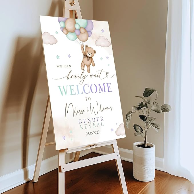 Gender Reveal Welcome Sign – Teddy Bear Balloon Theme,Personalized Teddy Bear Gender Reveal Welcome Sign, He or She Yard Sign, Boy or Girl Gender Reveal Sign, We Can Bearly Wait Gender Reveal .17