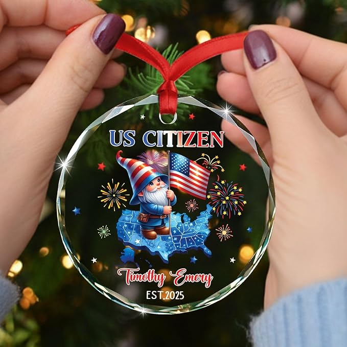 Personalized US Citizen Glass Christmas Ornament Gift for Men Women US Citizenship, Customized Choose Year & Name New American Citizen Keepsake Ornament, American Citizenship Xmas Decor Ornaments