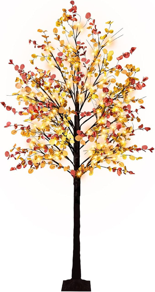 Lighted Fall Eucalyptus Tree, 7FT Faux Fall Tree with 128 Led Lights Artificial Autumn Light Up Eucalyptus Tree for Indoor Outdoor Harvest Fall Thanksgiving Decor