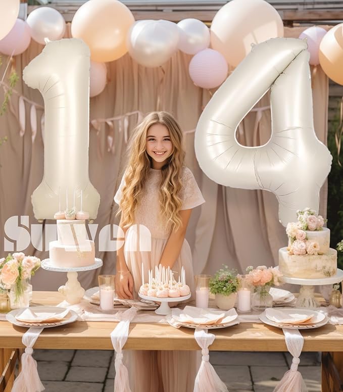 SUWEN 40 Inch Cream White Large 14 Number Balloons Big Foil Helium Number Balloons 0-9 Jumbo Happy 14th Mylar Birthday Party Decorations for Boy or Girl 41 Anniversary Party Supplies