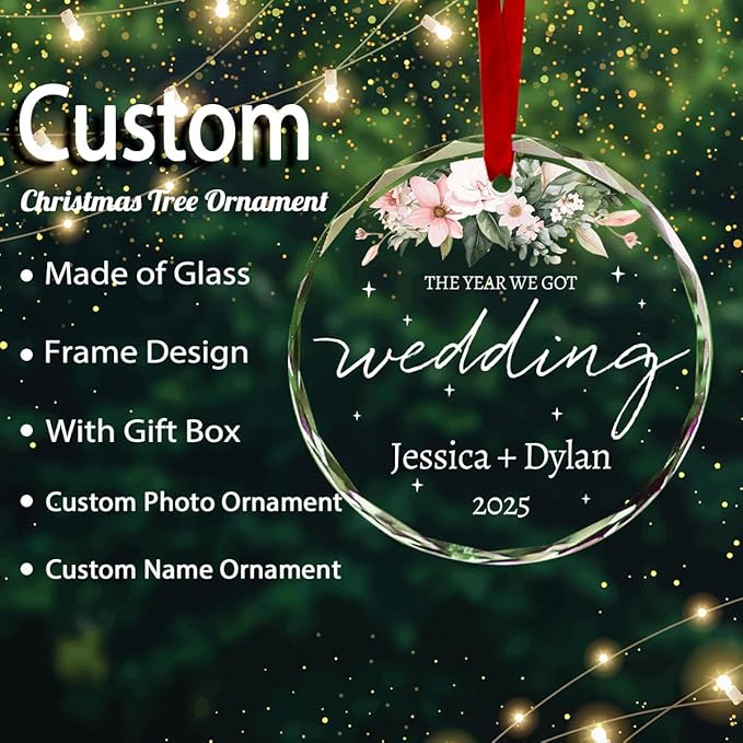 Personalized Round Christmas Crystal Glass Ornaments Custom 2025 Wedding Ornament for Christmas Tree Decorations Customized Tree Hanging Gifts for Lover Couple