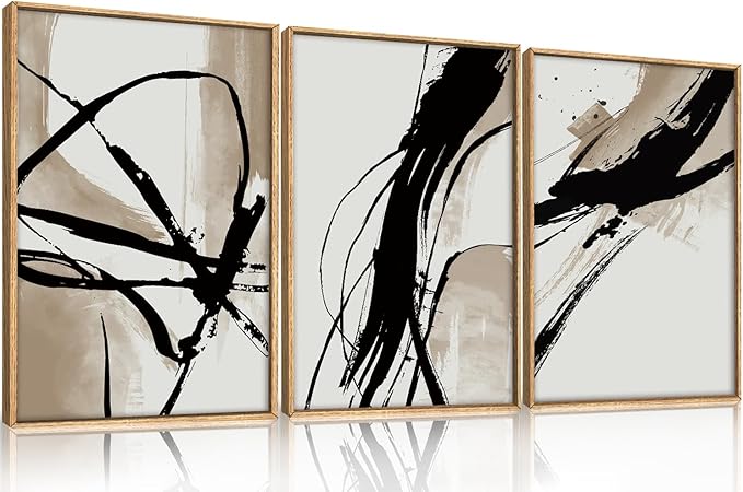 HOURIA Large Abstract Tan and Black Brush Stroke Framed Canvas Wall Art Set,Textured Beige Circle Wall Decor,Minimalism Brown Ink Line Artwork,Modern Shape Art Print for Living Room,Bedroom-16 x24 x3