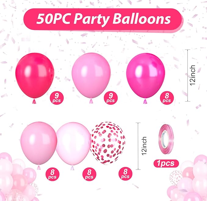 Hot Pink Balloons, 50pcs Pink Girl Balloons, Pearl Macaron Pink Balloon, Hot Pink Confetti Balloon for Girls Woman Princess Birthday Party Baby Shower Gender Reveal Wedding Bridal Shower Decor