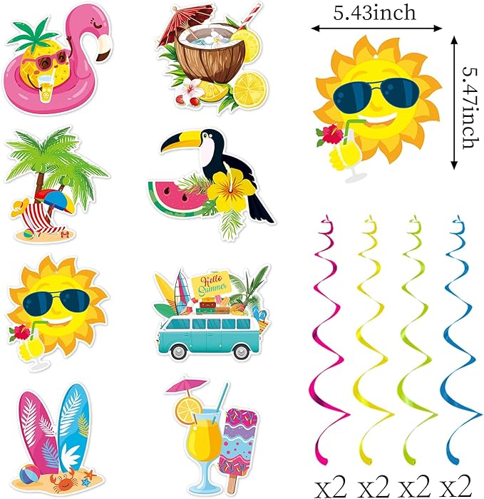 Hawaiian Luau Summer-Pool Party-Decorations Supplies - 10pcs Hello Banner,Outdoor Beach Theme Tissue Streamers Garland,Aloha Flamingo Hanging Swirl,Tropical Backdrop Office Tiki Decor Burgleda
