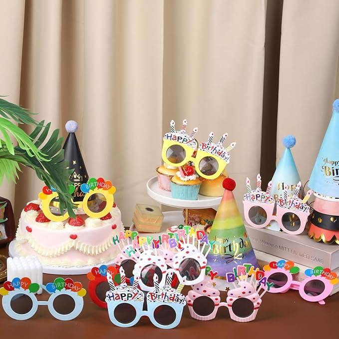 20 Pcs Birthday Party Hats and Sunglasses Set, Happy Birthday Cone Hats & Sunglasses Rainbow Party Cone Hat with Pom Poms for Adults & Kids Photo Props Parties Decor Favors Supplies