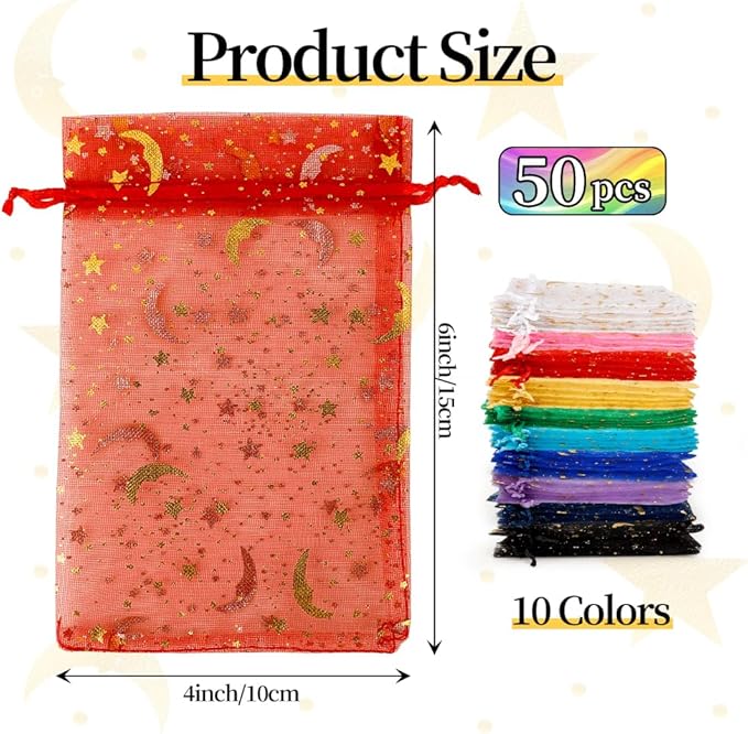 Moon Star Organza Bags 4x6 Small Mesh Bag Drawstring 50 Pcs Mesh Gift Bags Drawstring Pouch Jewelry Pouches Bulk Wedding Favor Bag Gift Pouch for Candy Make up Soaps Birthday Festival Party Supplies