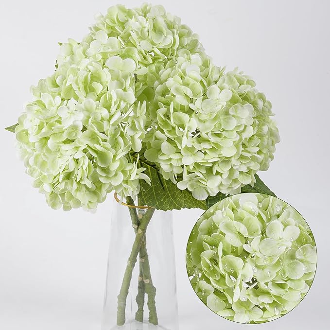 BonBloom's 3 Pcs Light Green Hydrangea Artificial Flowers 21" Latex Large Heads Faux Hydrangeas Flowers Realistic Leaves& Stem for Wedding Table Centerpieces Home Party Outdoor Arrangements Decor