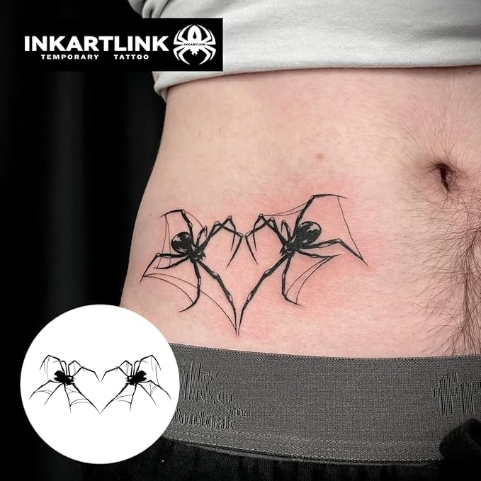 INKARTLINK Tattoo Tech, 2 Sheets Medium Semi Permanent Tattoo, Adult Art Design Temporary Tattoos, Lasts 1-2 Weeks, Waterproof, Realistic Look, No Reflection (Twin Spiders)
