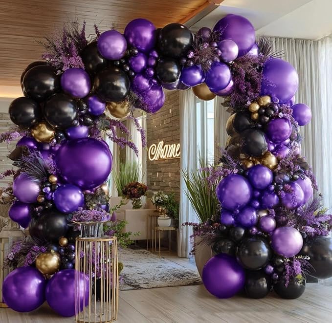 Purple Black Gold Balloon Garland Double Stuffed Dark Purple Black Balloons Metallic Lilac Balloon Arch Kit for Birthday Halloween Prom Vampire Anniversary Party Decoration
