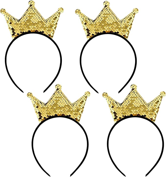 4 Pcs Sequins Crown Headband, Christmas Glitter Princess Crowns, Cute Shiny Gold Hair Band, Elastic Headwear Costume Decoration for Women Birthday Party Favors Tiaras Supplies