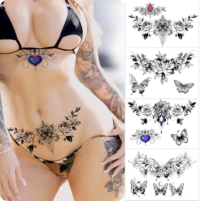 ROARHOWL Women Sexy Temporary Tattoo Sexy Tattoo Set Beautiful Exquisite 3D Realistic Flowers, Butterfly, Abdominate, Chest, Waist and Back Applied Fake Tattoo for Girls ((Design 2))