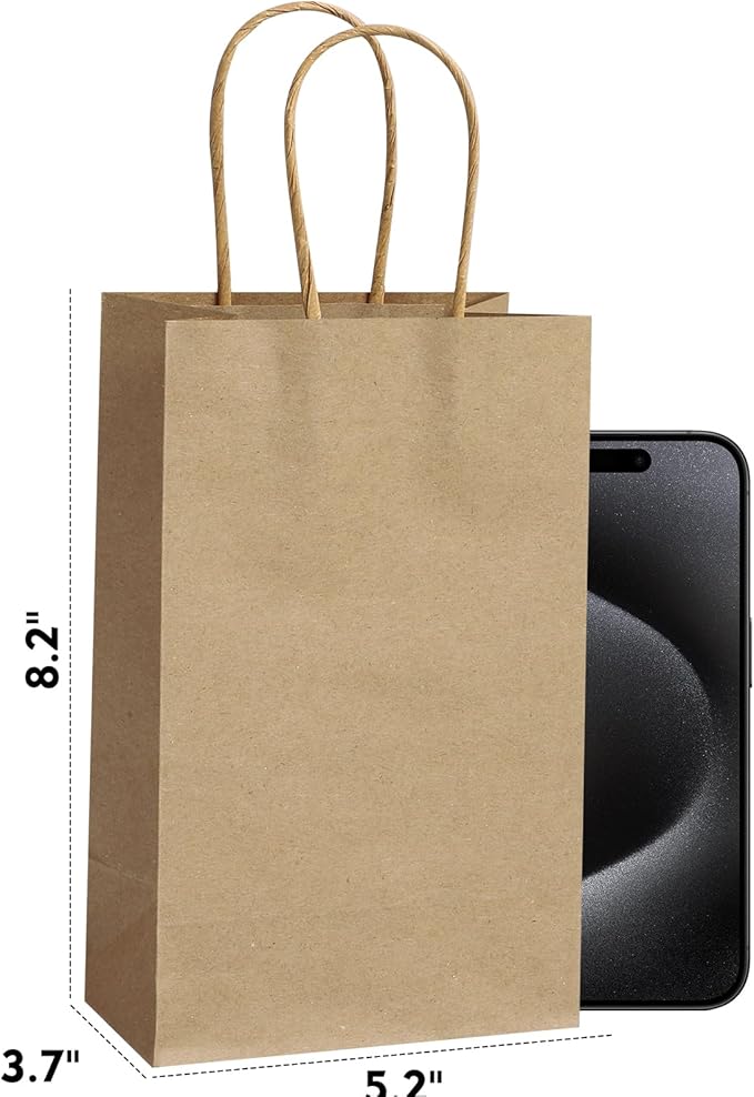 REMTAP Gift Paper Bags 5.9×3.2×8.2 50Pcs Kraft Bags with Handles Bulk Gift Bags for Wedding Party Craft Retail Packaging, Shopping, Party Favor, Retail Bag (Brown-S-50pcs, 5.9×3.2×8.2)