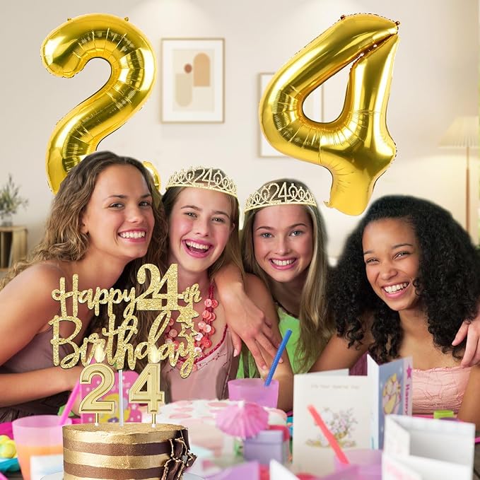 24th Birthday Decorations for Women Gold with 24th Birthday Sash and Tiara, Cake Topper and Candles, Number Balloons Gold, 24 Year Old Gifts for Women