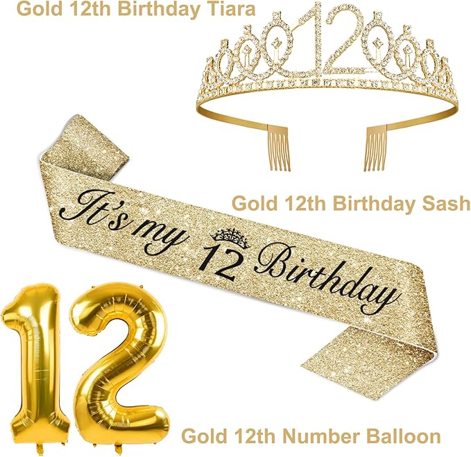 12th Birthday Decorations for Girls Gold with 12th Birthday Sash and Tiara, Candles and Cake Toppers, Number Balloons, 12 Year Old Gifts for Girl