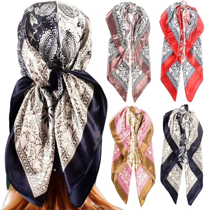 4Pcs Silk Head Scarves for Women Satin Hair Scarf 35”Large Square Bandana Silk Like Neck Scarf Shawl