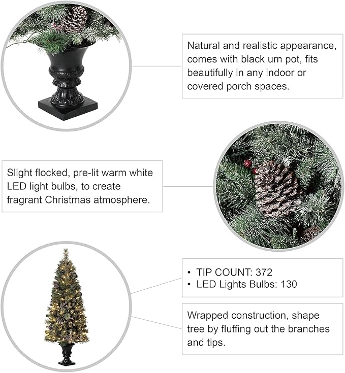 Glitzhome 5ft Pre-Lit Flocked Christmas Tree with Red Berries and Pine Cones, 130 Warm White Lights, 372 PVC & Pine Needle Mixed Tips, Potted Christmas Tree for Porch Home Holiday Decor