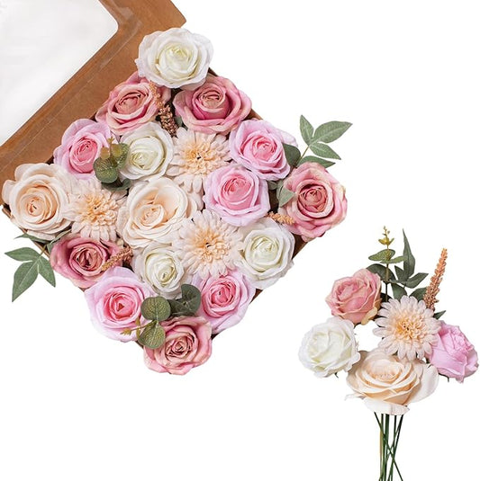 FANKO Rose Artificial Flowers Combo for DIY, Fake Pink Rose Silk Flowers Greenery, Faux Flowers for Wedding Bridal Bouquet, Baby Shower, Table Centerpieces, Floral Arrangement, Party Home Decoration